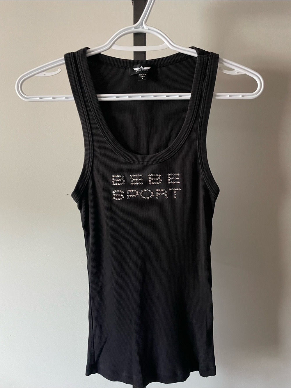 Vintage 90s Y2K Bebe Sport Black Rhinestone Logo Ribbed Racerback Tank Top Small